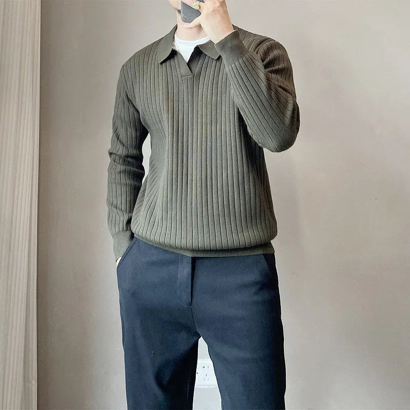 Men's modal rabbit fur knitted pullover sweater in loose fit showing striped lapel detail