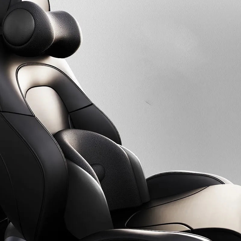 Memory cotton car seat massage cushion with electric vibration function for lumbar and headrest support.