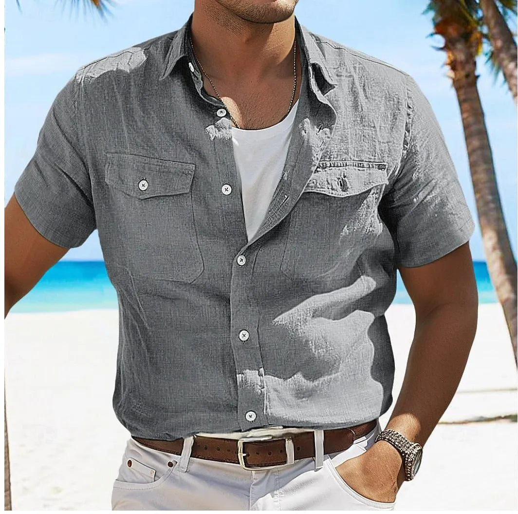 Men's grey loose-fit cotton linen shirt with polo collar and long sleeves for casual summer wear.