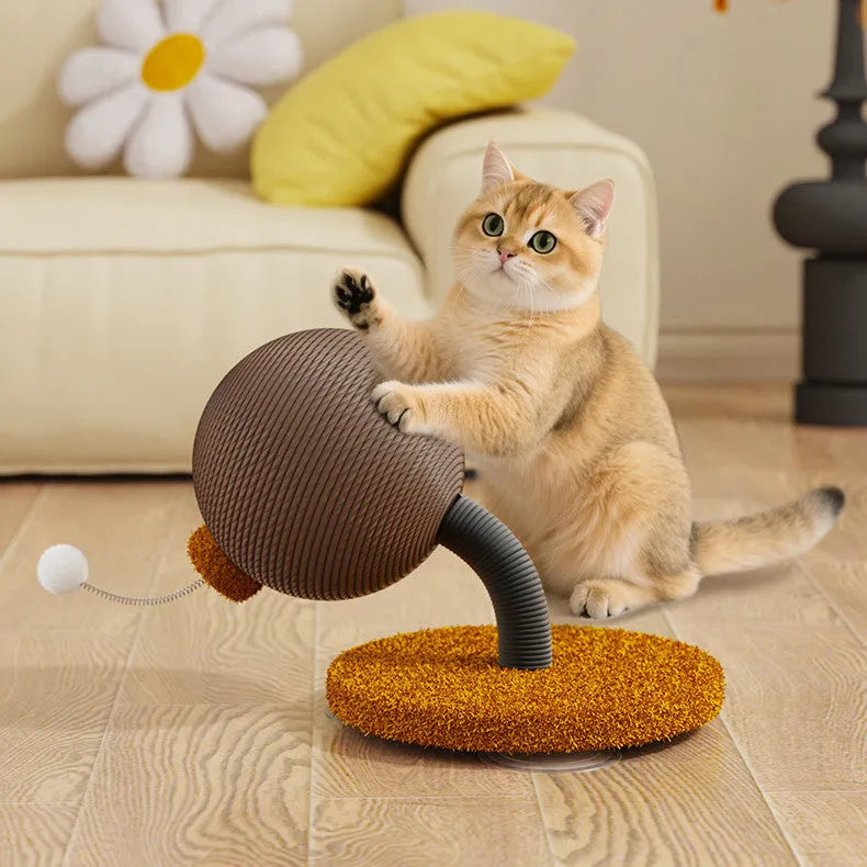 Cat scratch board with hemp rope surface, shown with either a grasping ball or tumbler toy.
