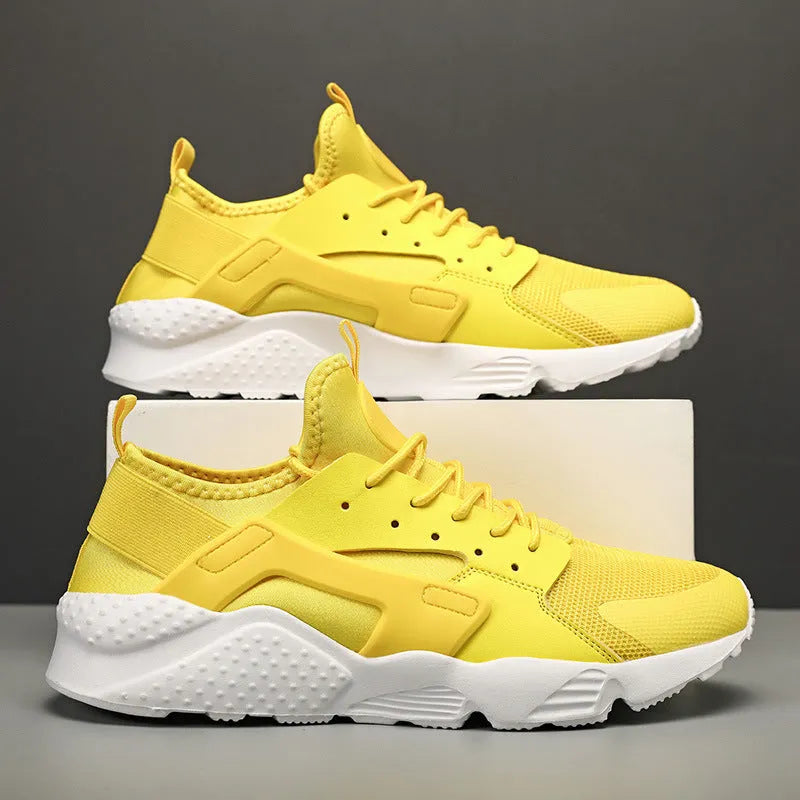 Men's low top casual shoes with cross shoulder straps in fluorescent red, green, or yellow.