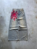 Men's wide-leg blue denim trousers with straight-leg cut and zipper fly, laid flat on a neutral background