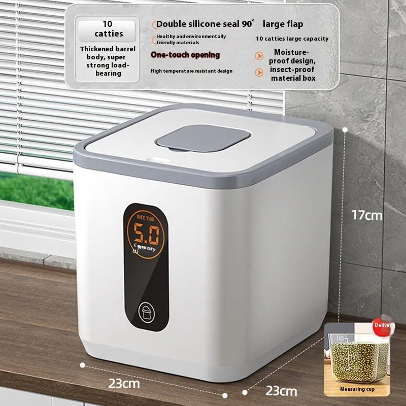 Grey plastic sealed rice storage jar with lid and measuring cup in three size options