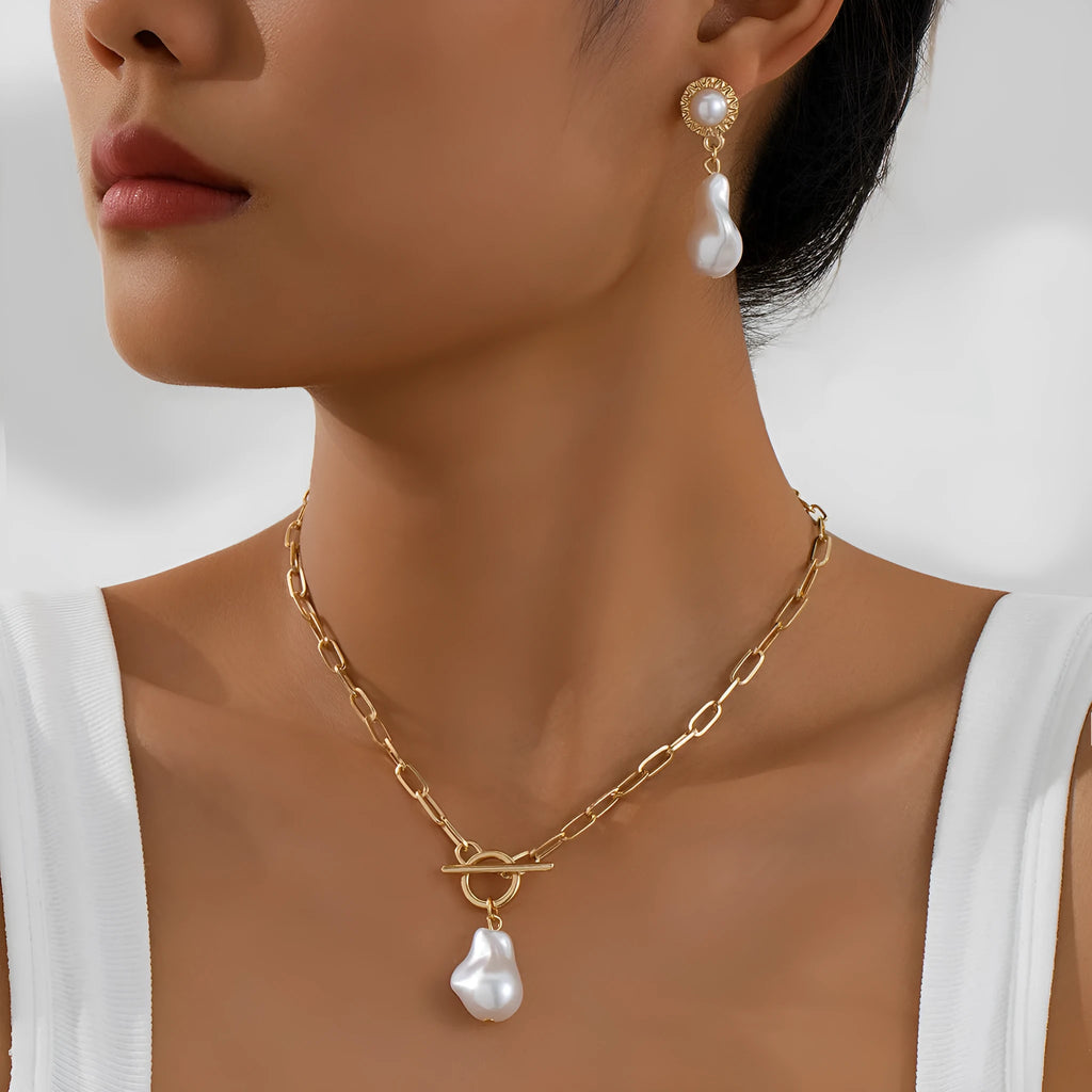 Retro baroque pearl pendant necklace and ear stud set with gold-colour iron setting