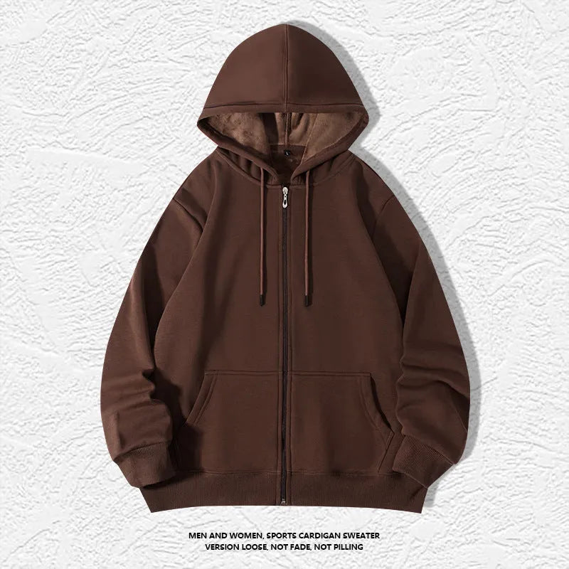 Plus size man wearing a beige zipper hooded cardigan sweater in a loose fit.
