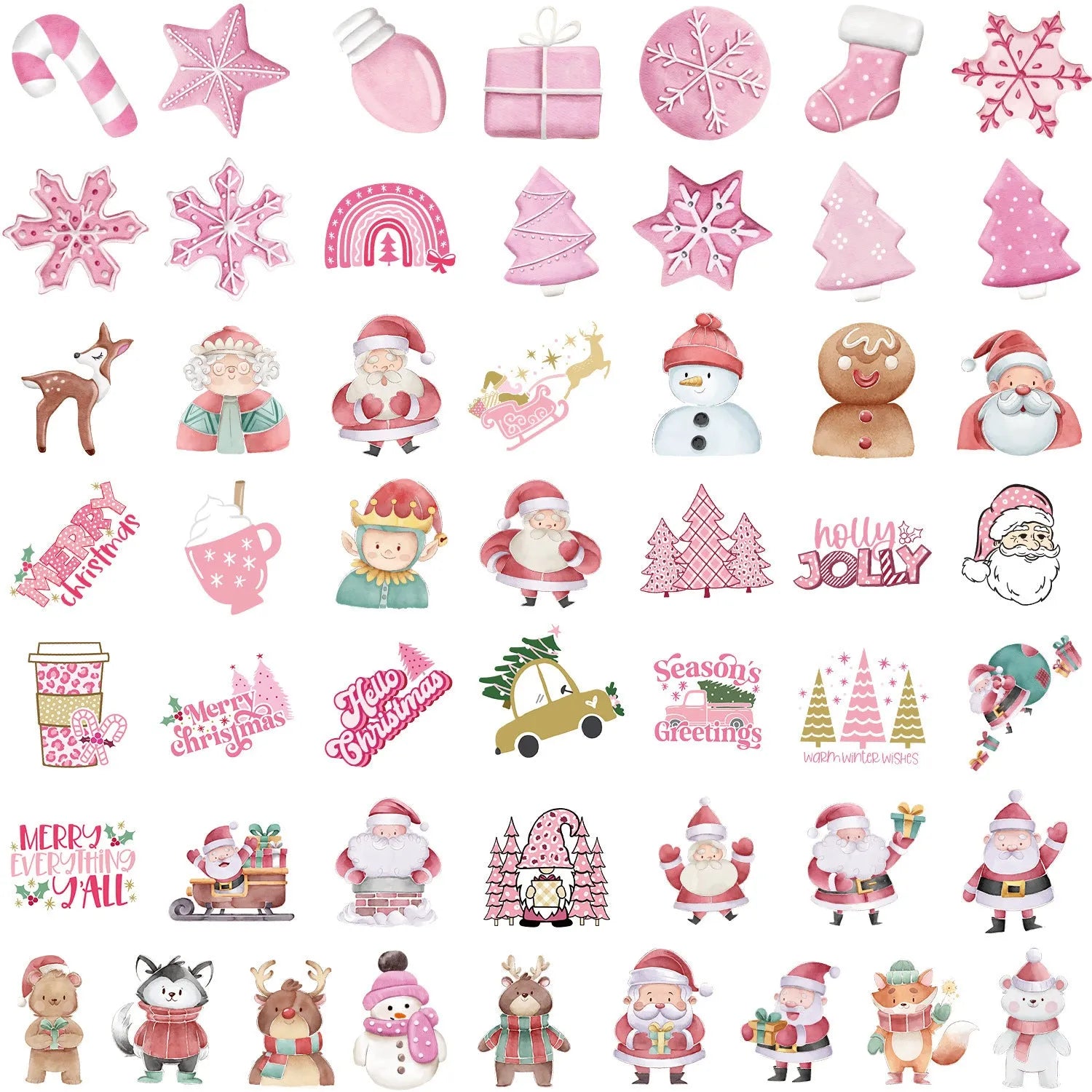 Pack of 50 cute Christmas waterproof vinyl stickers sized 4-8cm for decorating cars, phones, and laptops