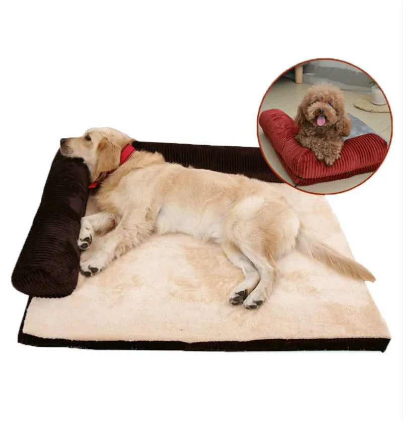 Corduroy dog sofa bed in grey, showing high sides and non-slip base, placed on a wooden floor.