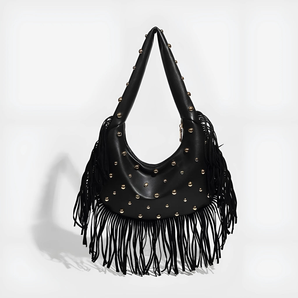 Retro black shoulder handbag with a long tassel decoration and an internal phone pocket.
