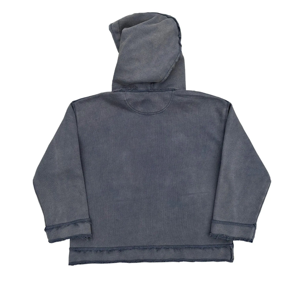 Dark blue men's hoodie sweater with a front kangaroo pocket and ribbed cuffs.