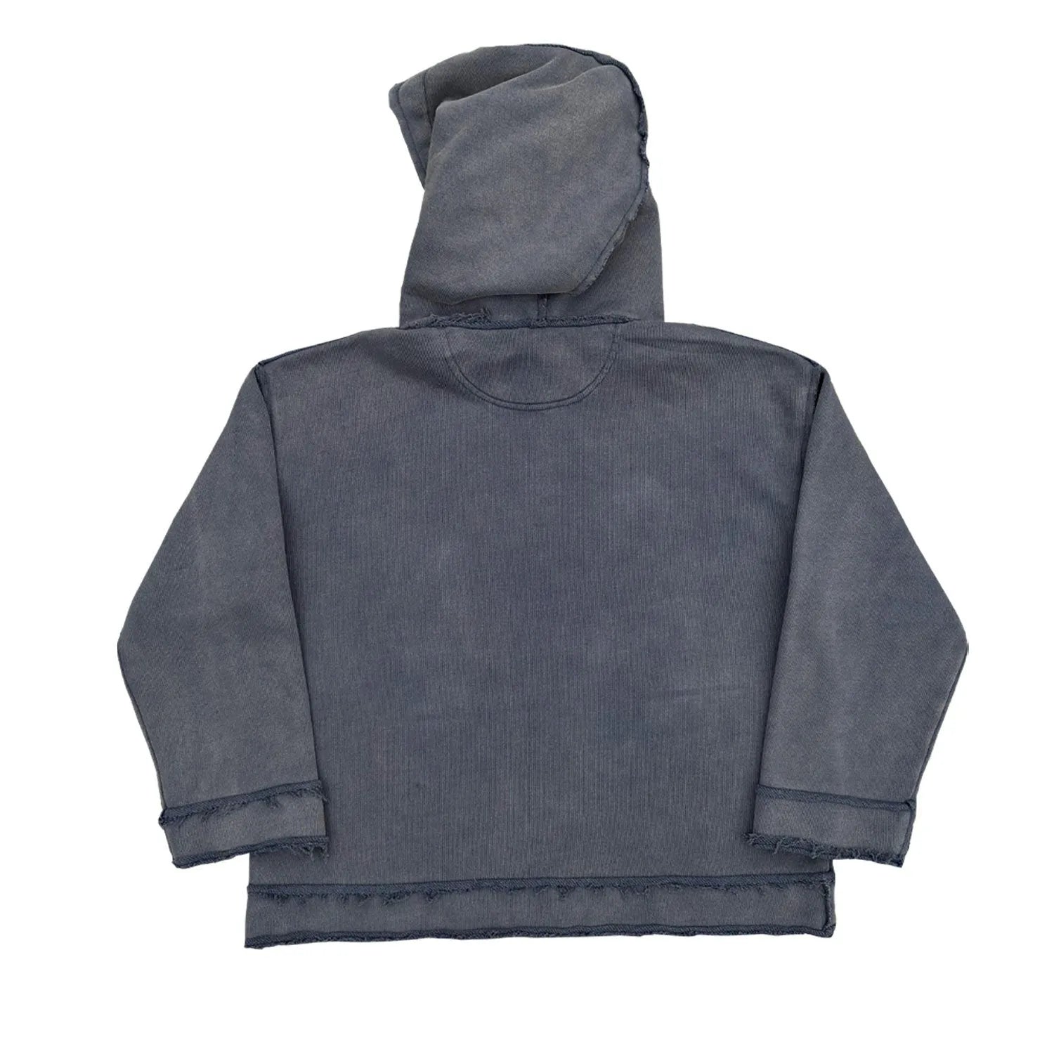 Dark blue men's hoodie sweater with a front kangaroo pocket and ribbed cuffs.