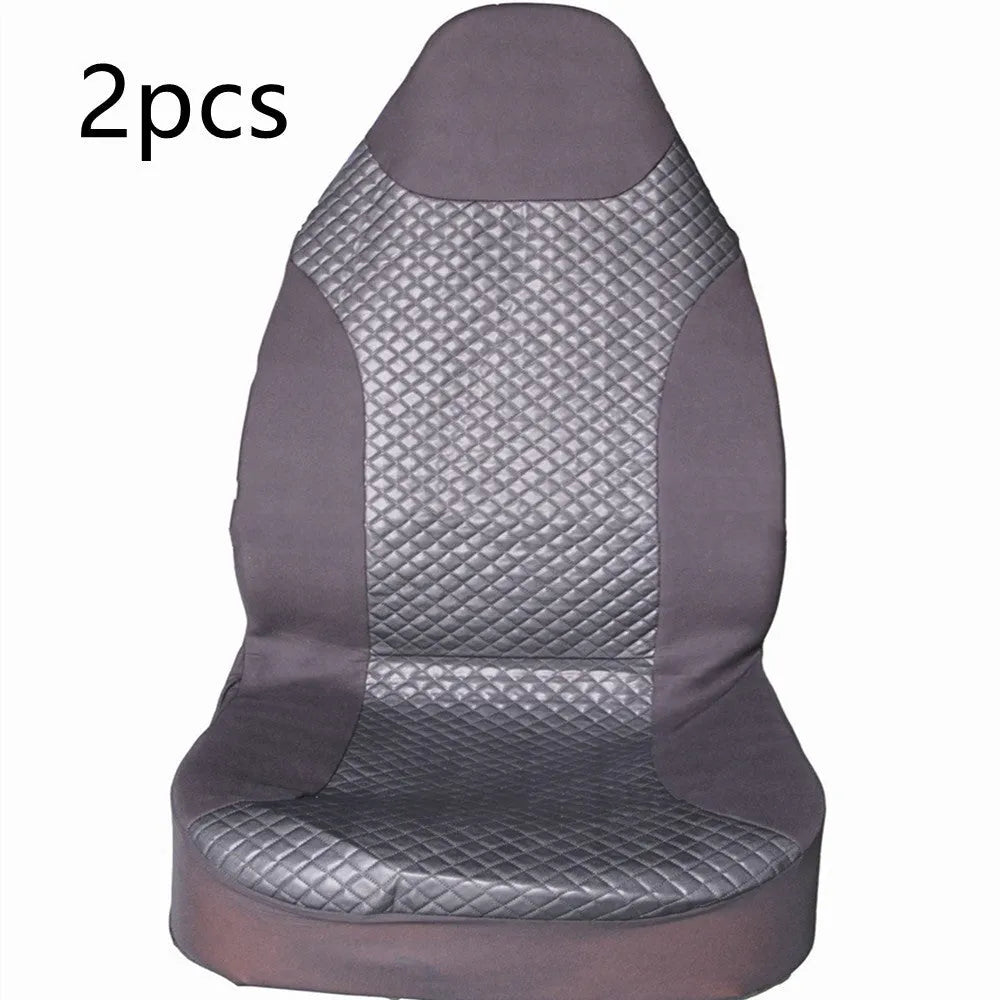 Black quilted automotive seat cover with PU and polyester construction showing plastic hooks