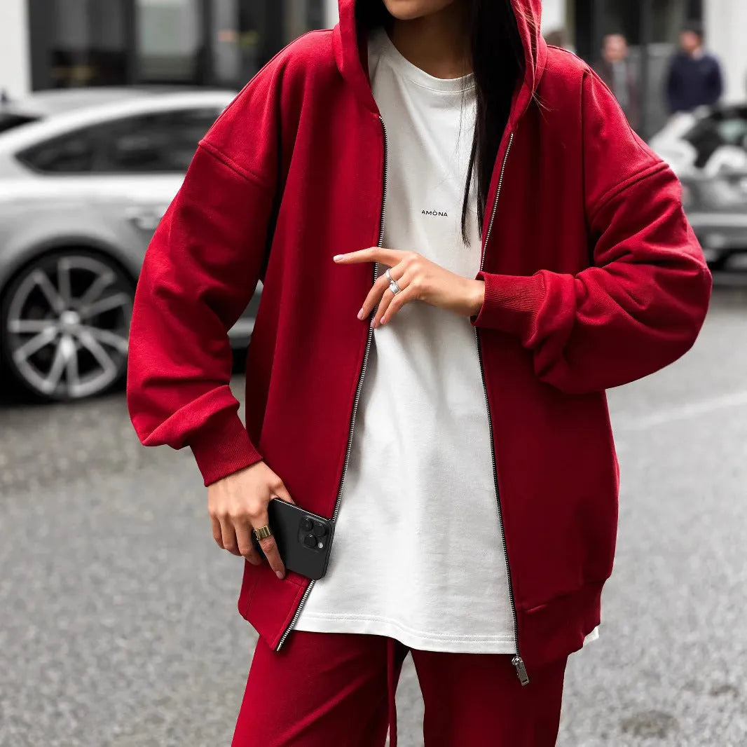 Loose two-piece set with long-sleeved coat and trousers in solid red light gray or gray polyester street style
