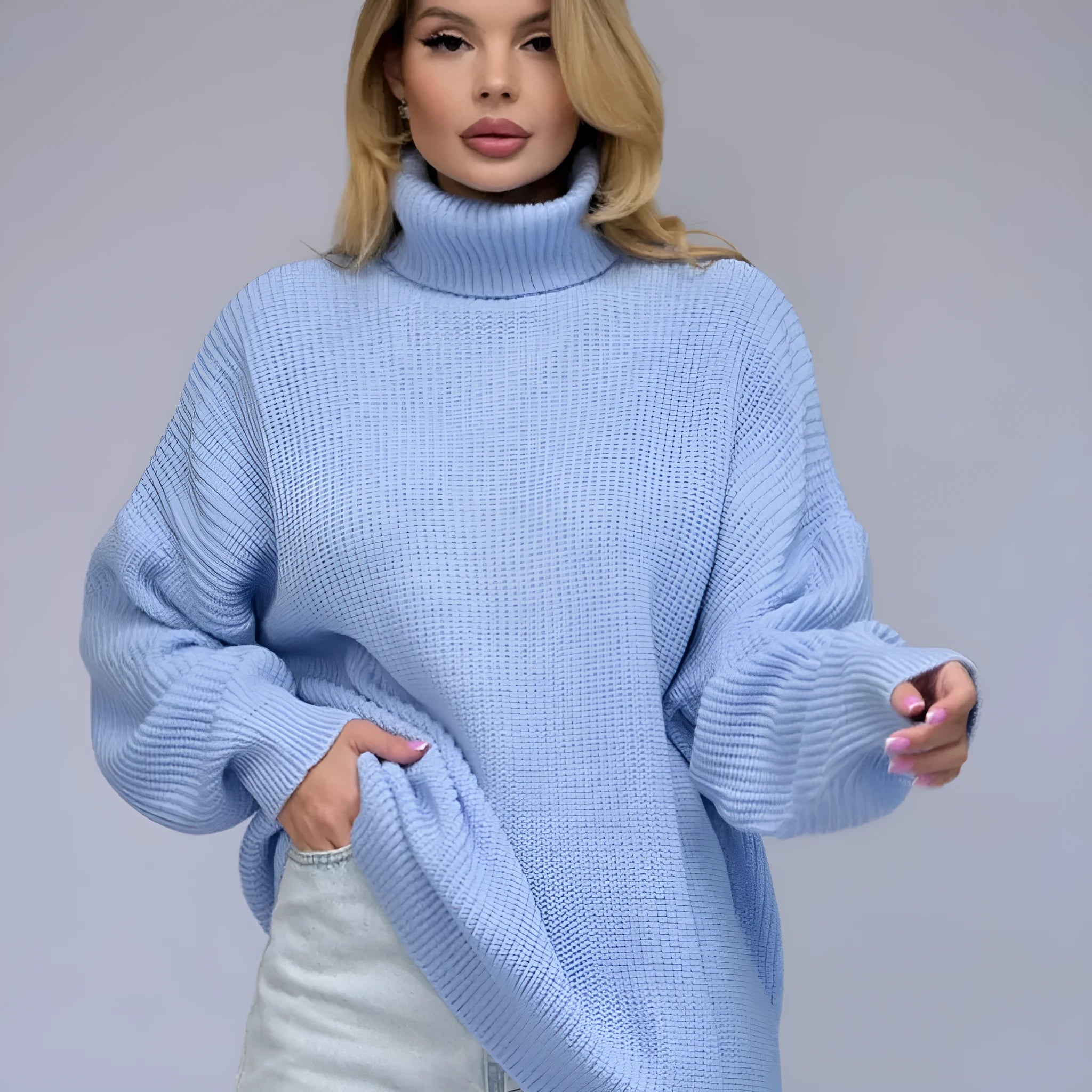 Women's high neck pullover sweater in imitation cashmere, shown in a solid colour with a textured 3D pattern.