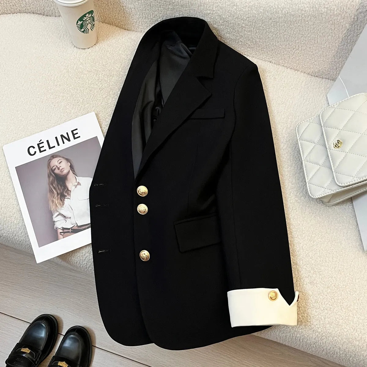 Women's medium-length loose polyester coat in milky white with pockets and regular long sleeves