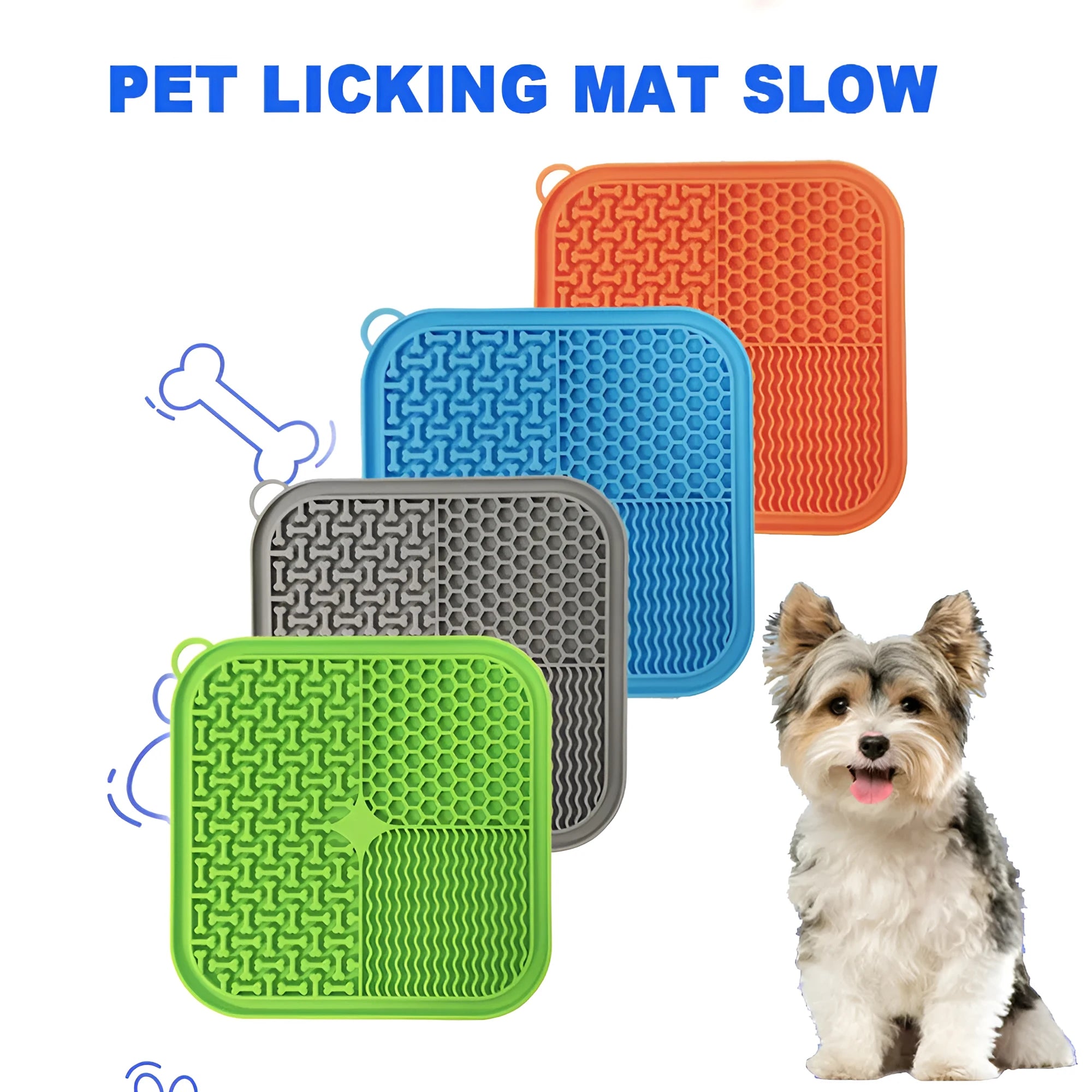 Square orange-red and grey silicone dog lick mat with textured surface and suction cups on the back.
