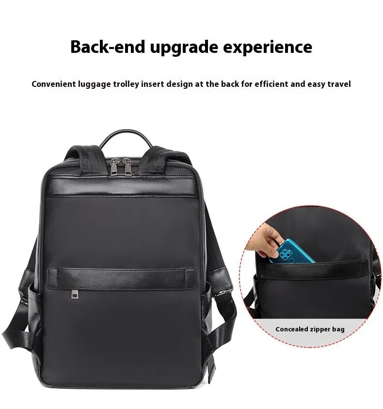 Black genuine leather men's business laptop backpack with 36-55L capacity showing weaving design details