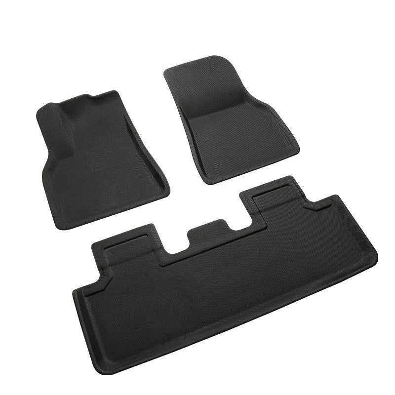 TPR floor mat set for Tesla Model Y showing foot mats, tailbox mats, and storage box mats