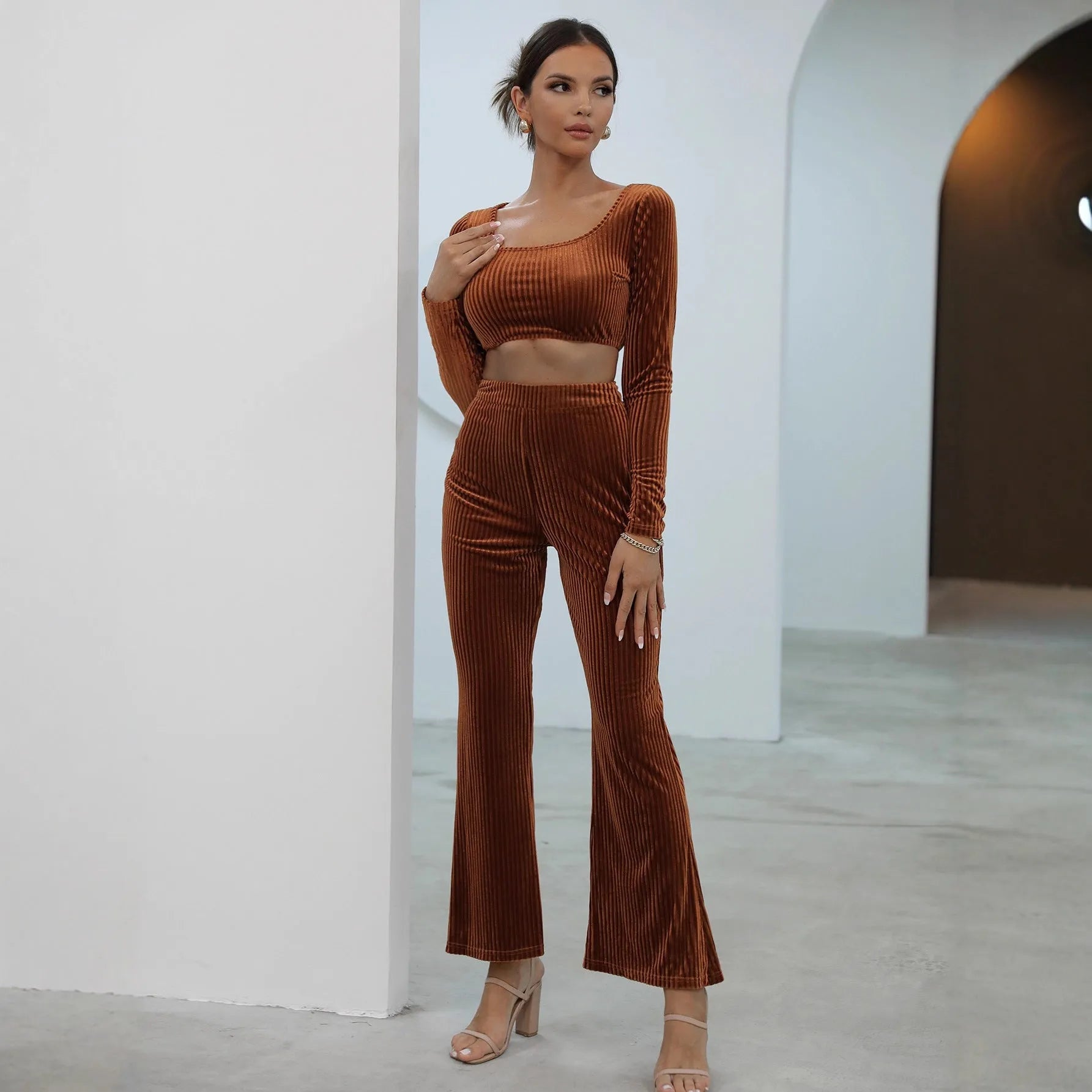 Caramel coloured long sleeve sweater and matching trousers casual set