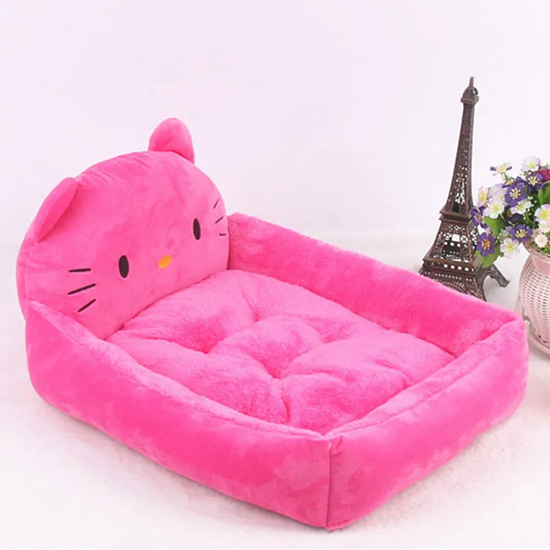 A cartoon-style washable pet sofa bed for small dogs and cats, shown in blue, brown, gray, or pink.