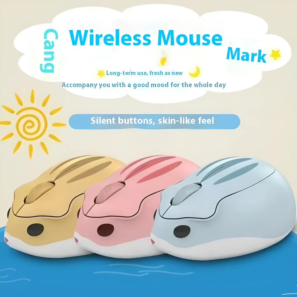 Hamster Bluetooth wireless mute mouse in yellow, pink, or gray colour showing compact 105x73x41mm size
