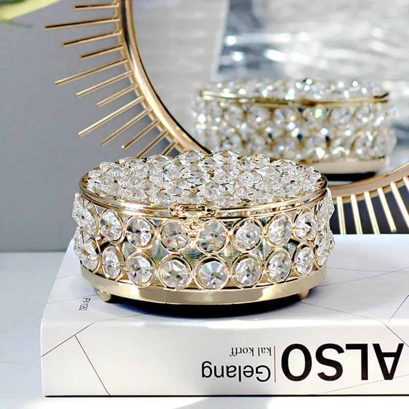 French gold jewellery storage box with crystal glass transparent lid European style design