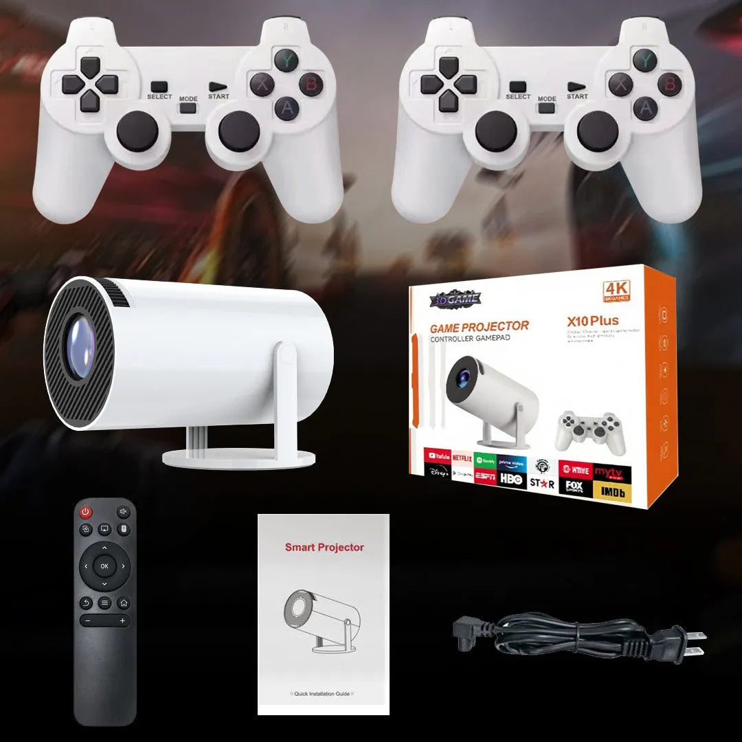 White X10 PLUS portable smart wall projection game machine with remote control and gamepad on dark surface