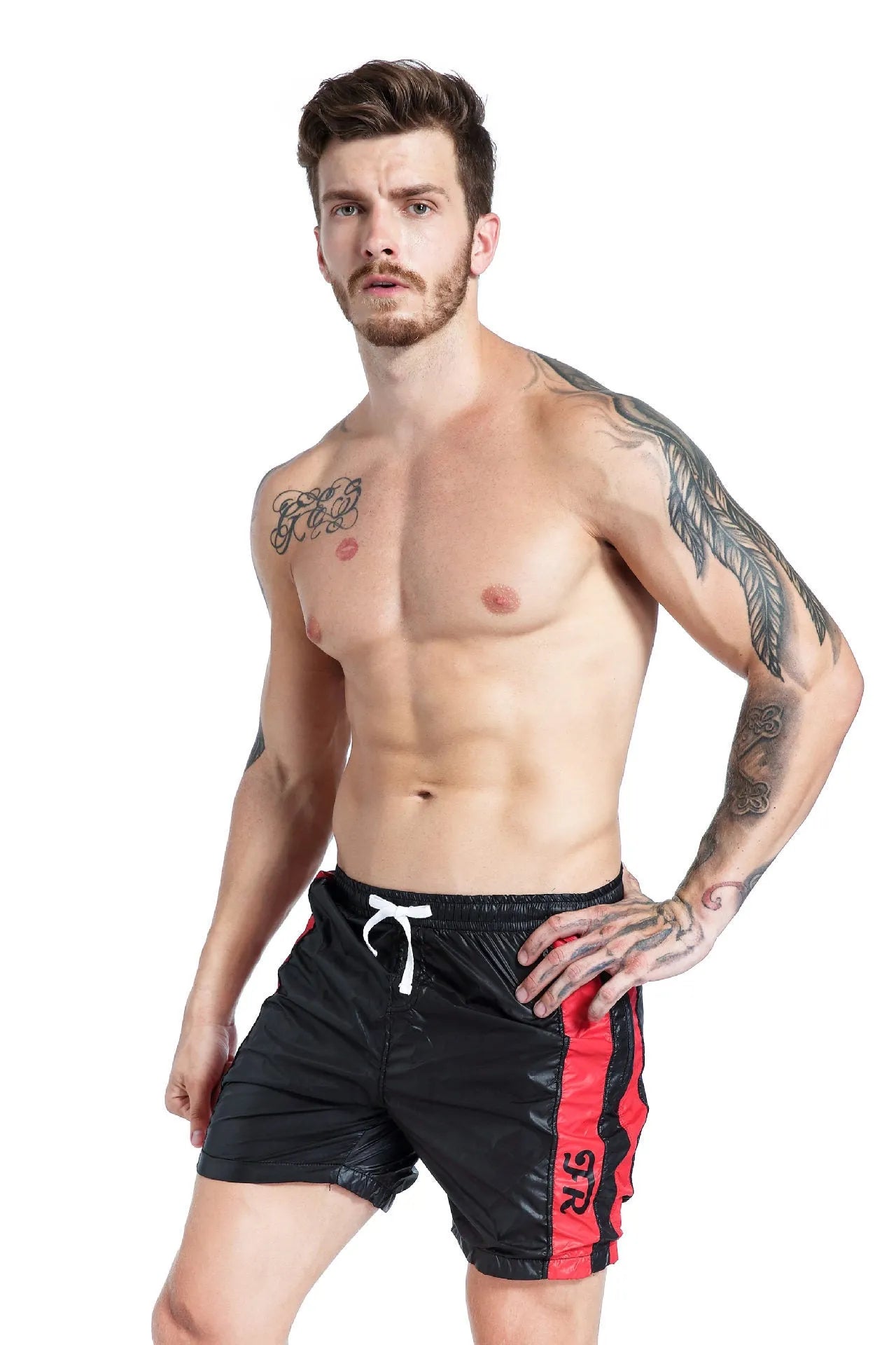 Blue men's lace-up sports shorts with slim fit and padding on a white background