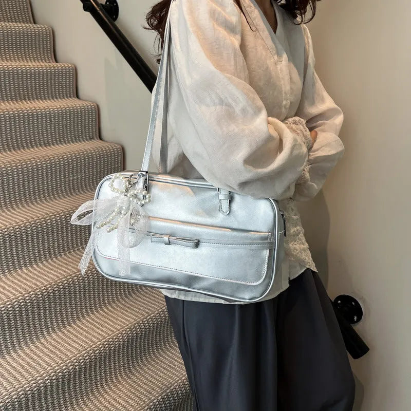 Women's horizontal square PU leather flap bag with double shoulder straps in choice of five colours