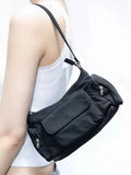 Black women's shoulder bag with side line detailing and double pockets