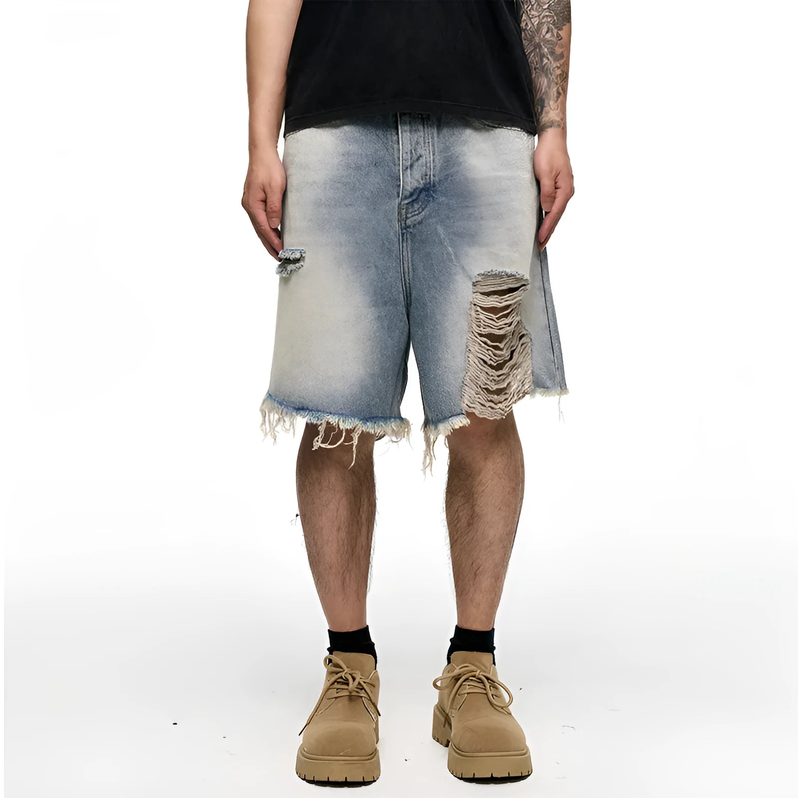 Light blue retro washed men's baggy denim shorts on a mid-waist model