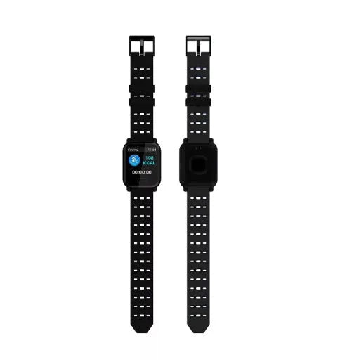 A6 smart fitness bracelet with colour screen and blue silicone strap on a wrist.