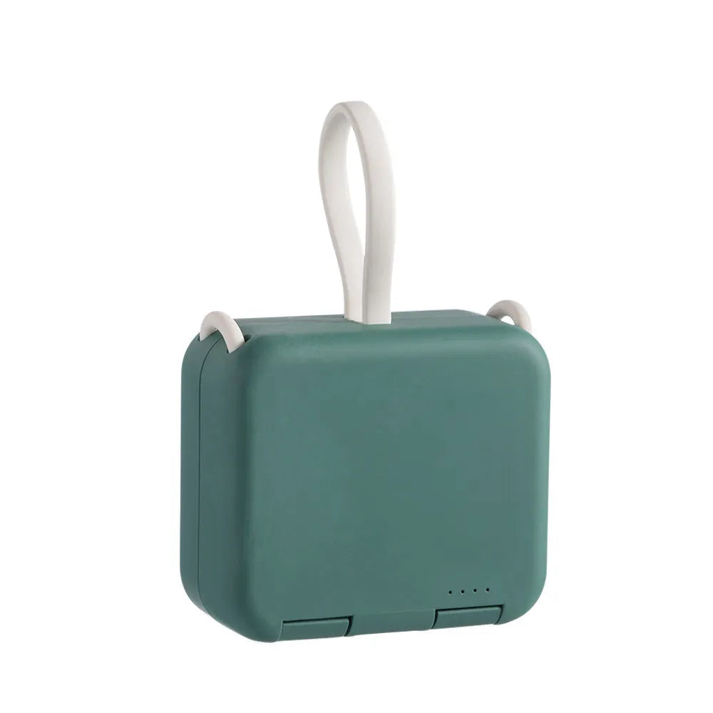Handbag clip-on power bank with phone stand function in blue, green, red, or white.