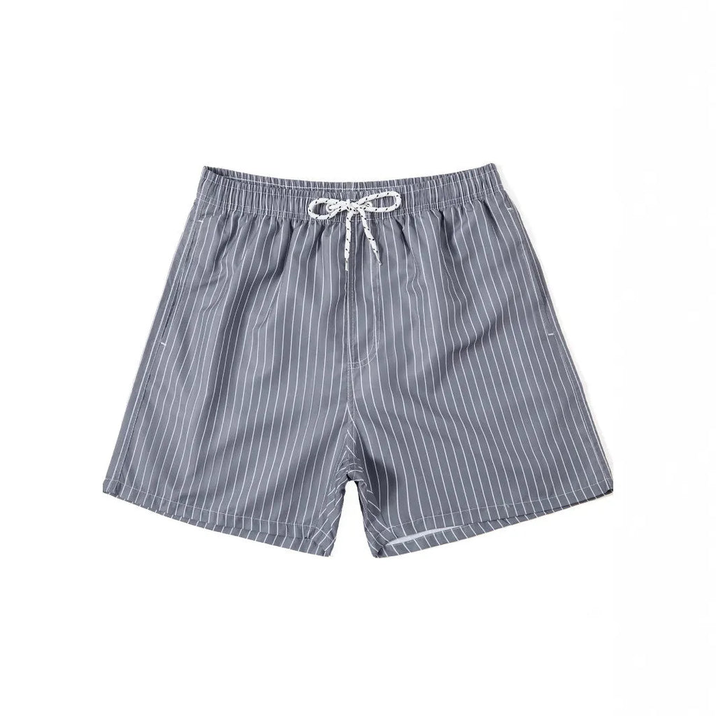 Polyester striped beach shorts with straight leg opening in navy blue, grey, khaki, or light blue colour options
