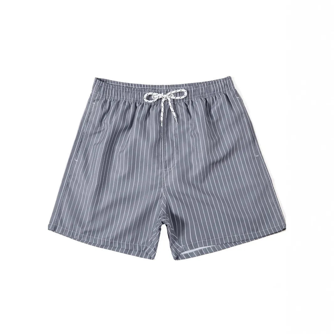 Polyester striped beach shorts with straight leg opening in navy blue, grey, khaki, or light blue colour options
