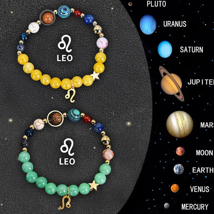 Two natural stone beaded bracelets with zodiac charms on an adjustable elastic band.