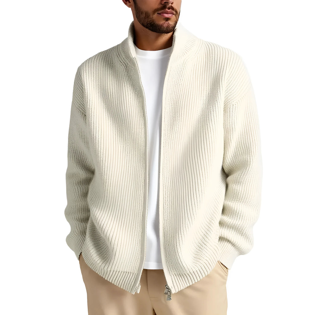 Man wearing a loose grey men's cardigan sweater coat for casual leisure wear