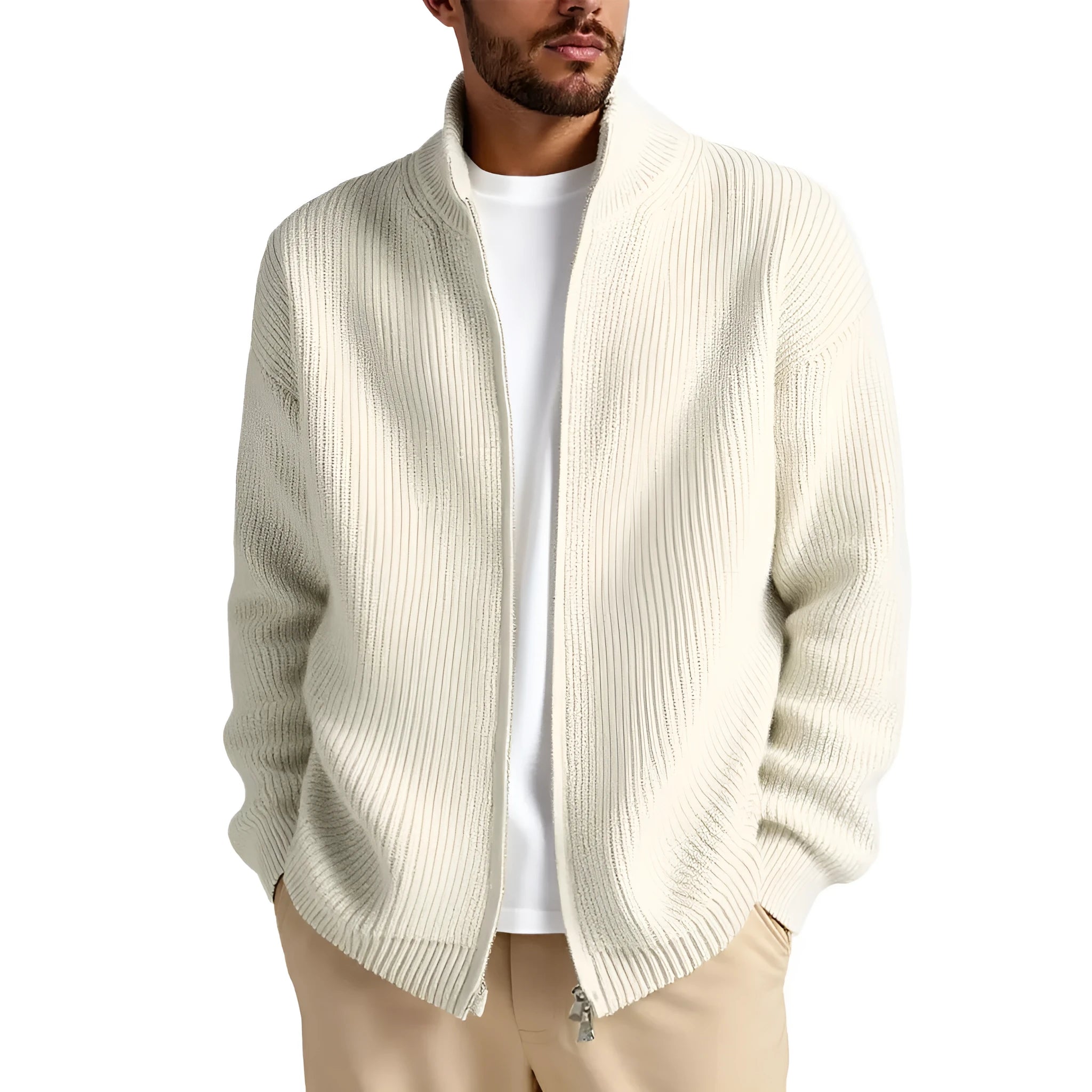 Man wearing a loose grey men's cardigan sweater coat for casual leisure wear