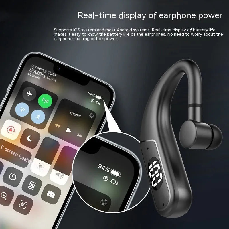 Black digital display ear hook sports headset with dual battery and in-ear fit