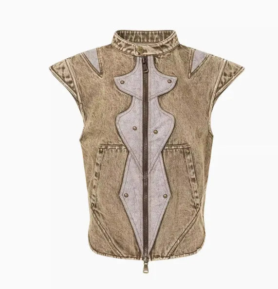 Summer Dark Knight pleated denim vest in cotton fabric, water-wash finish, shown in picture colour
