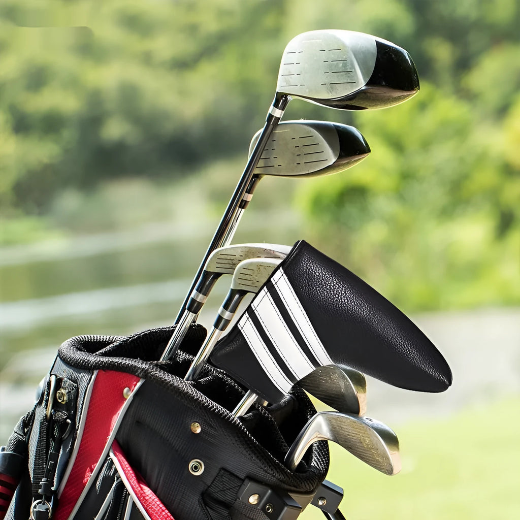 Black PU leather golf club head cover and push rod protective case