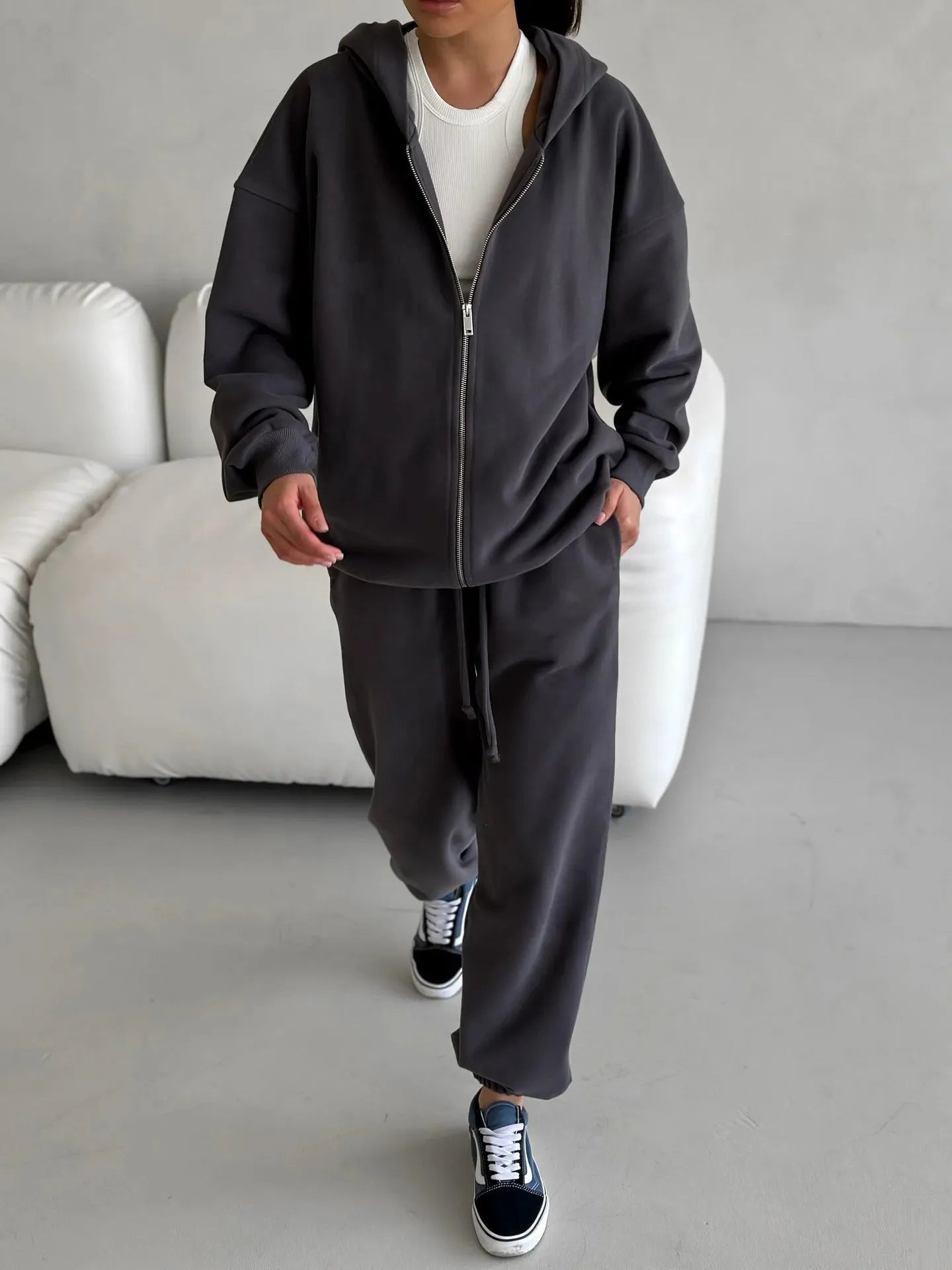 Loose two-piece set with long-sleeved coat and trousers in solid red light gray or gray polyester street style