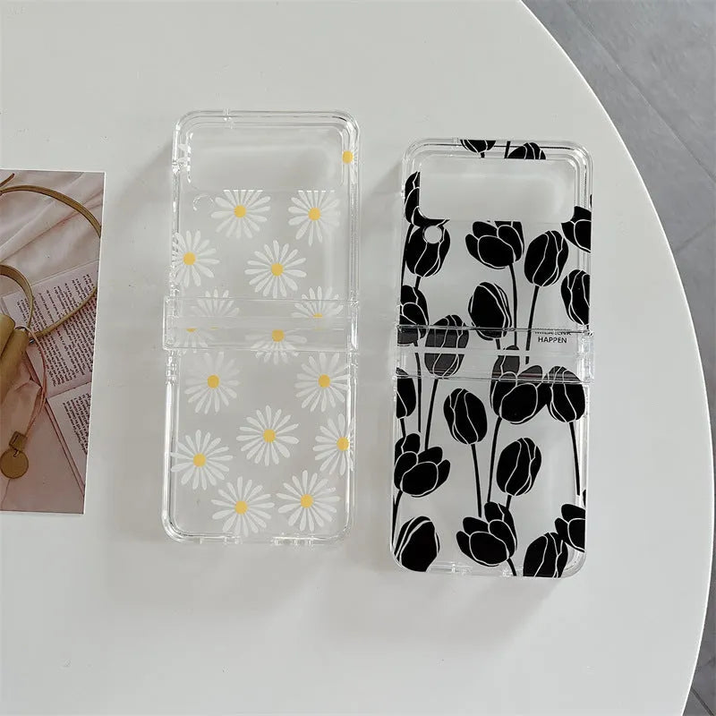 Samsung Galaxy Flip phone case with flower pattern and folding screen protector in clear PC material