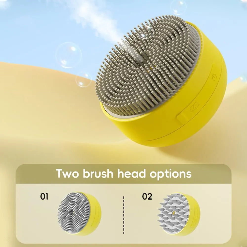 Rechargeable green and yellow pet steam brush with silicone bristles on a table.
