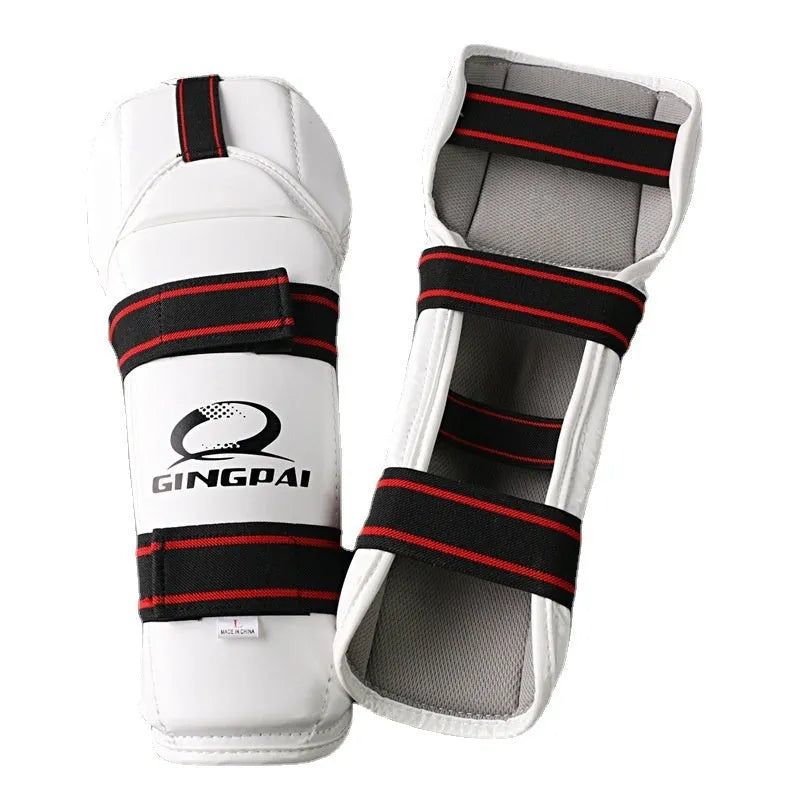 Taekwondo protective gear set showing leg guards, arm guards and elbow protection in PU EVA construction