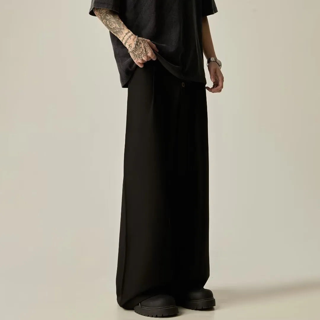 Men's black wide-leg casual trousers with straight cut and button fly detail