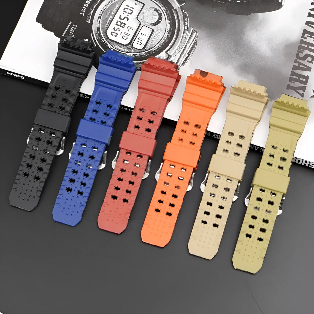 Camouflage pattern TPU watch strap with silver buckle showing 19cm length