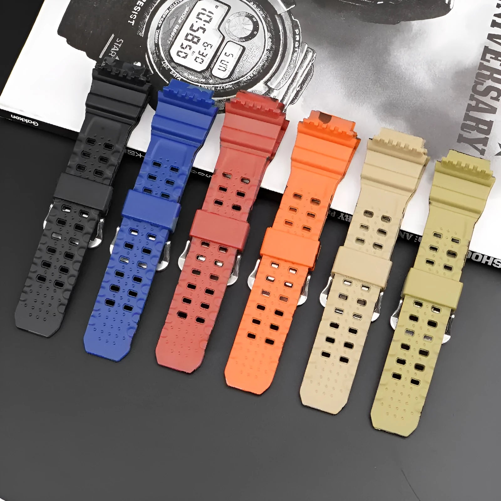 Camouflage pattern TPU watch strap with silver buckle showing 19cm length