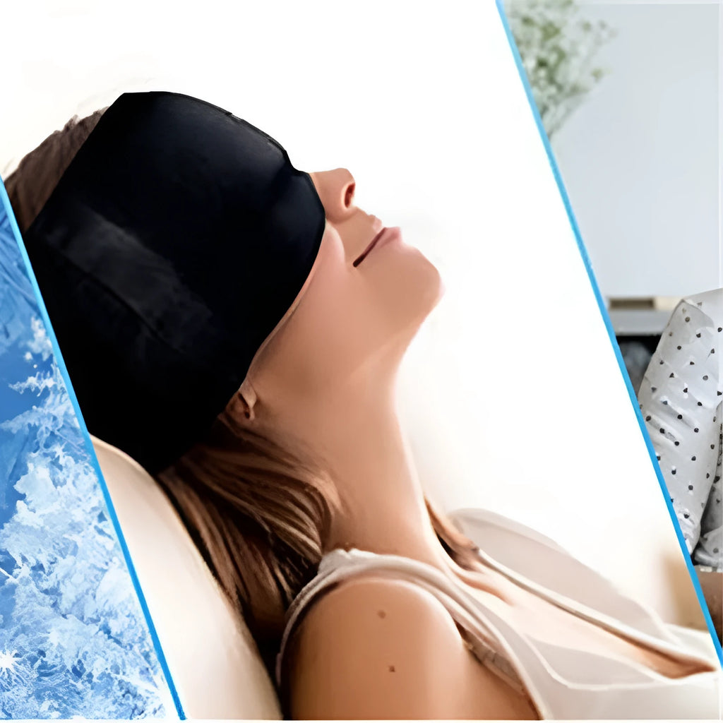 Black reusable gel ice mask for eyes and forehead on a white background
