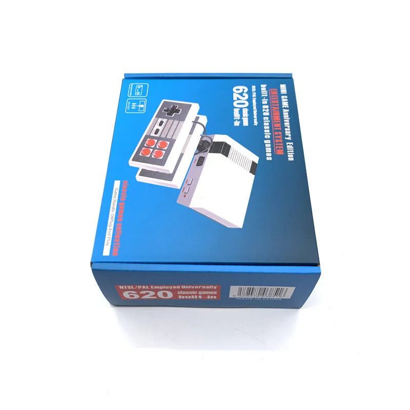 NES retro game console with two controllers, power supply, and AV cable on dark surface