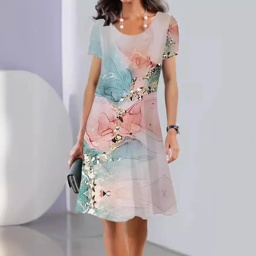 Women's mid-length A-line dress with plant and flower print in ice silk fabric for spring and summer